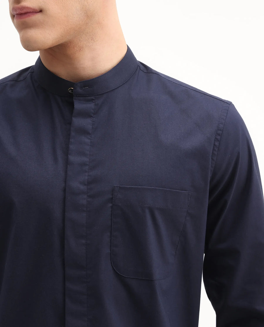 Rare Rabbit Men's Dati Navy Polyester Blend Plain Regular Fit Full Sleeve Mandarin Collar Shirt