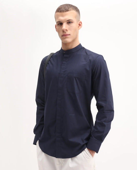 Rare Rabbit Men's Dati Navy Polyester Blend Plain Regular Fit Full Sleeve Mandarin Collar Shirt