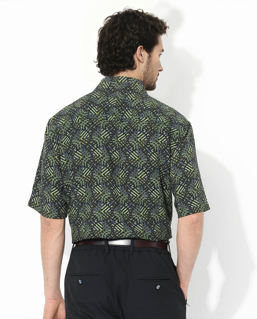 Rare Rabbit Men's Deaton Black Viscose Geometric Print Regular Fit Half Sleeve Collared Shirt