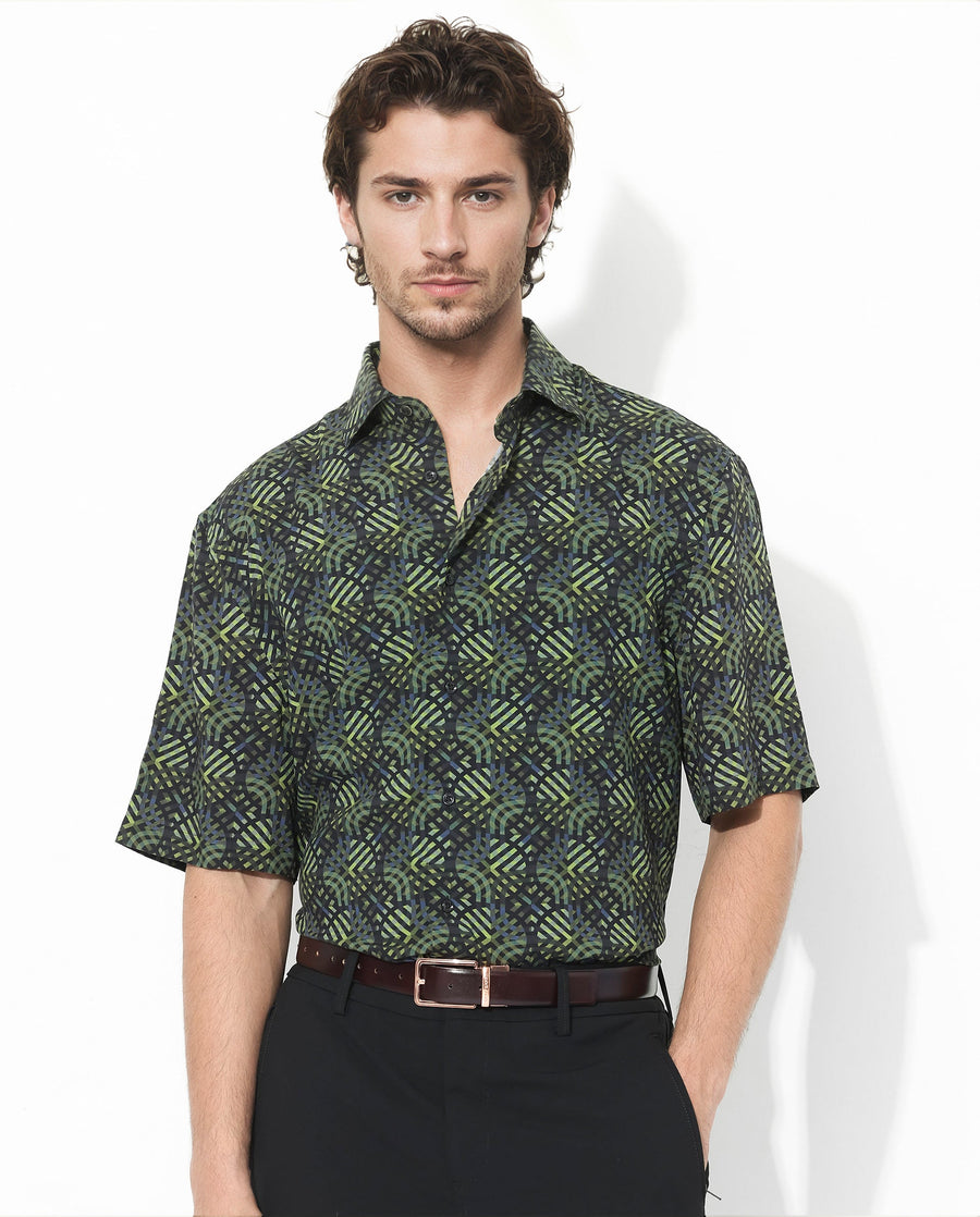 Rare Rabbit Men's Deaton Black Viscose Geometric Print Regular Fit Half Sleeve Collared Shirt