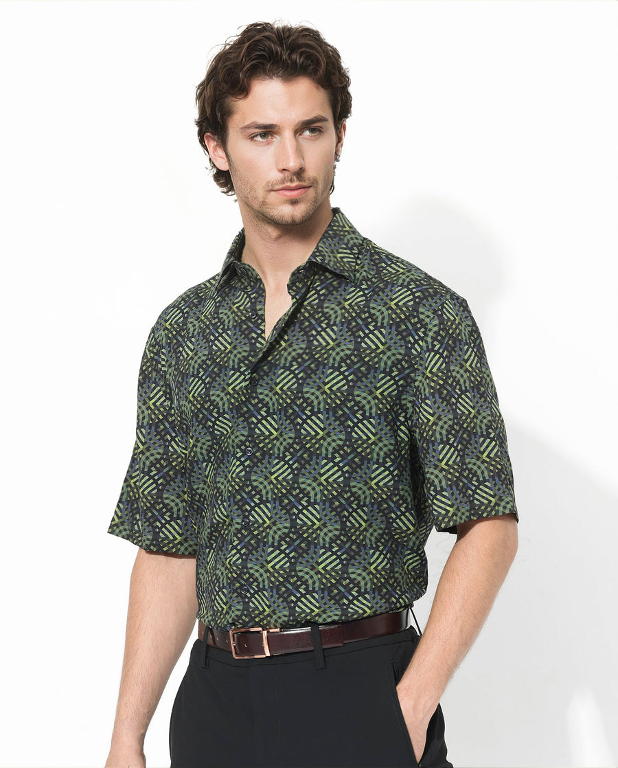Rare Rabbit Men's Deaton Black Viscose Geometric Print Regular Fit Half Sleeve Collared Shirt