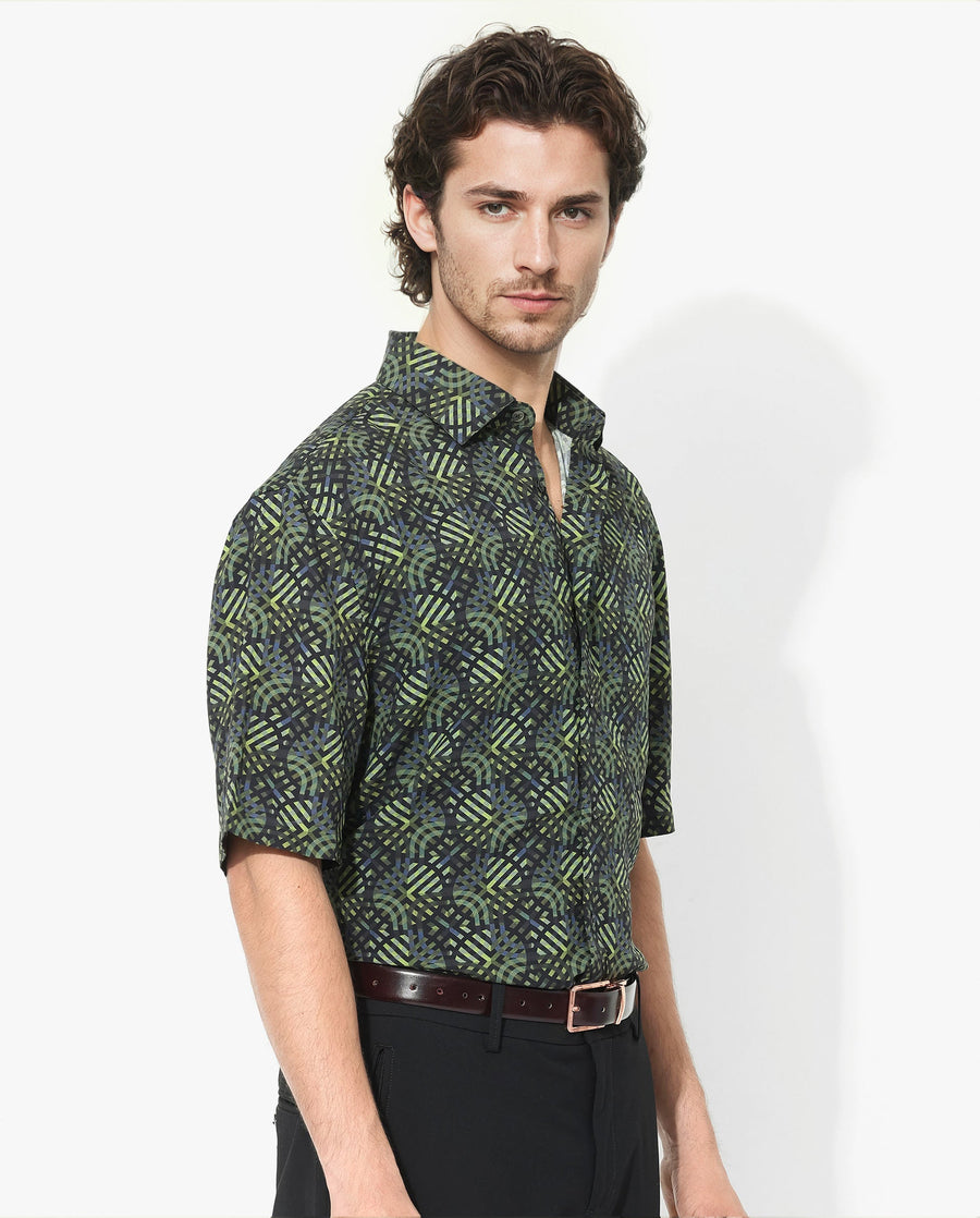 Rare Rabbit Men's Deaton Black Viscose Geometric Print Regular Fit Half Sleeve Collared Shirt