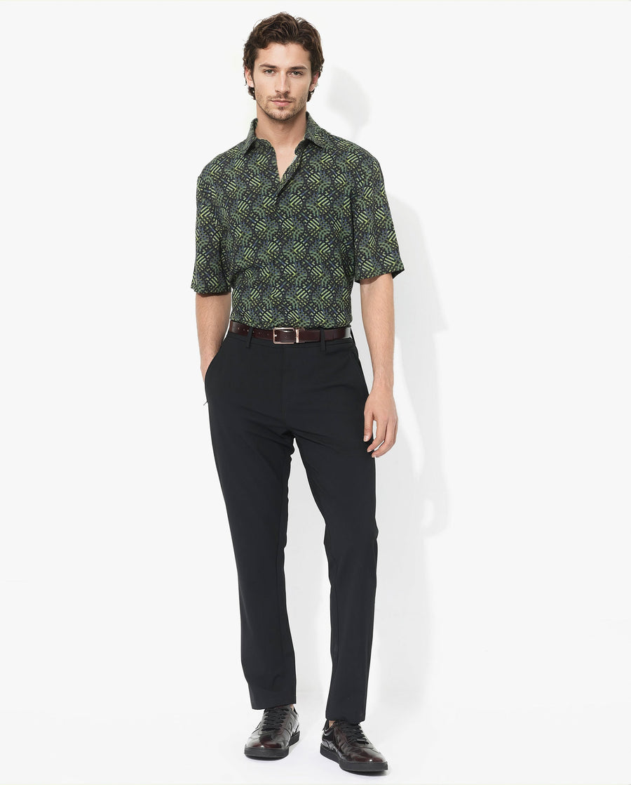 Rare Rabbit Men's Deaton Black Viscose Geometric Print Regular Fit Half Sleeve Collared Shirt