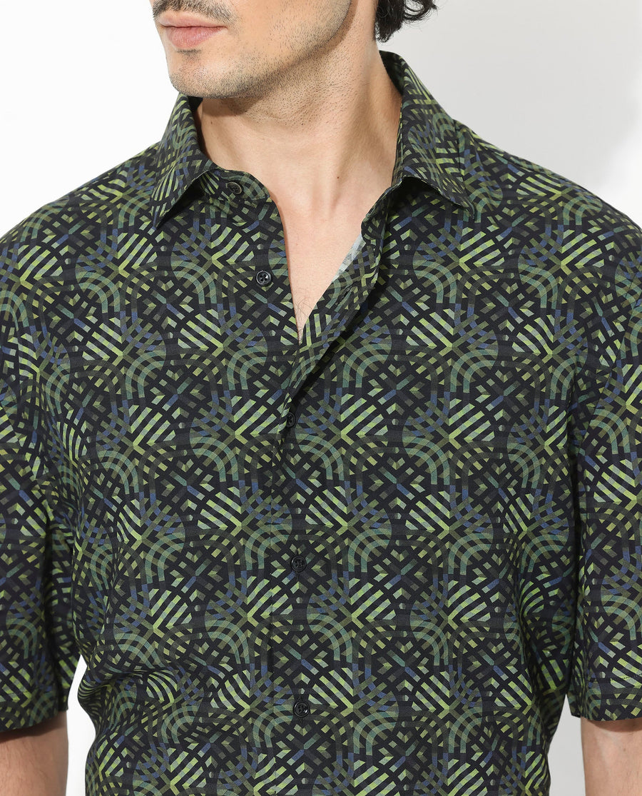 Rare Rabbit Men's Deaton Black Viscose Geometric Print Regular Fit Half Sleeve Collared Shirt