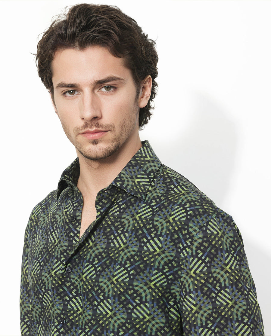 Rare Rabbit Men's Deaton Black Viscose Geometric Print Regular Fit Half Sleeve Collared Shirt