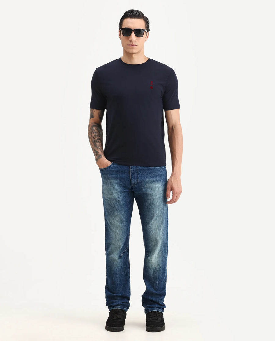 Rare Rabbit Men's Deck Navy Cotton Blend Flock Print Regular Fit Half Sleeve Crew Neck T-Shirt