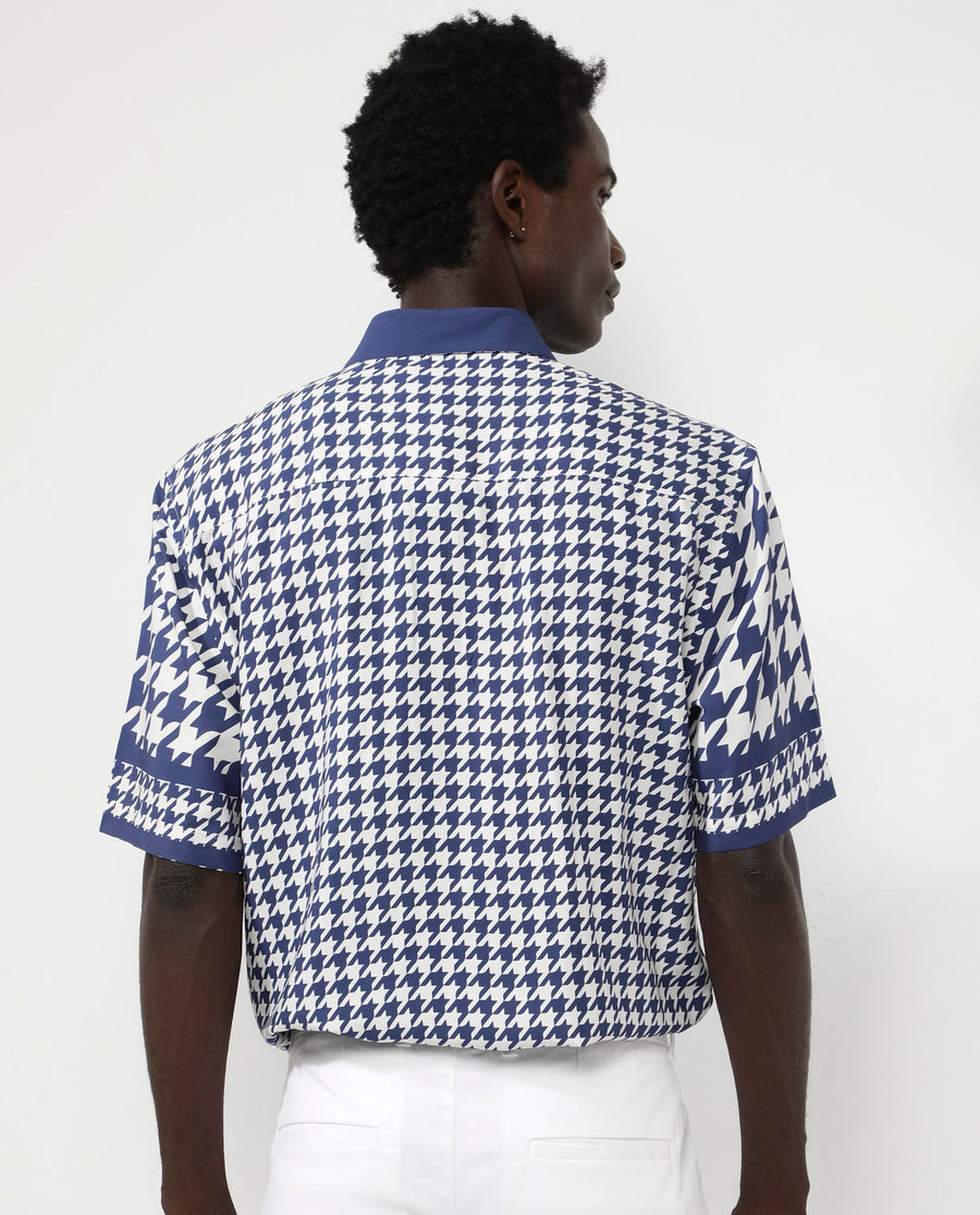 Rare Rabbit Men's Dejen Dark Blue Viscose Graphic Print Boxy Fit Half Sleeve Collared Shirt