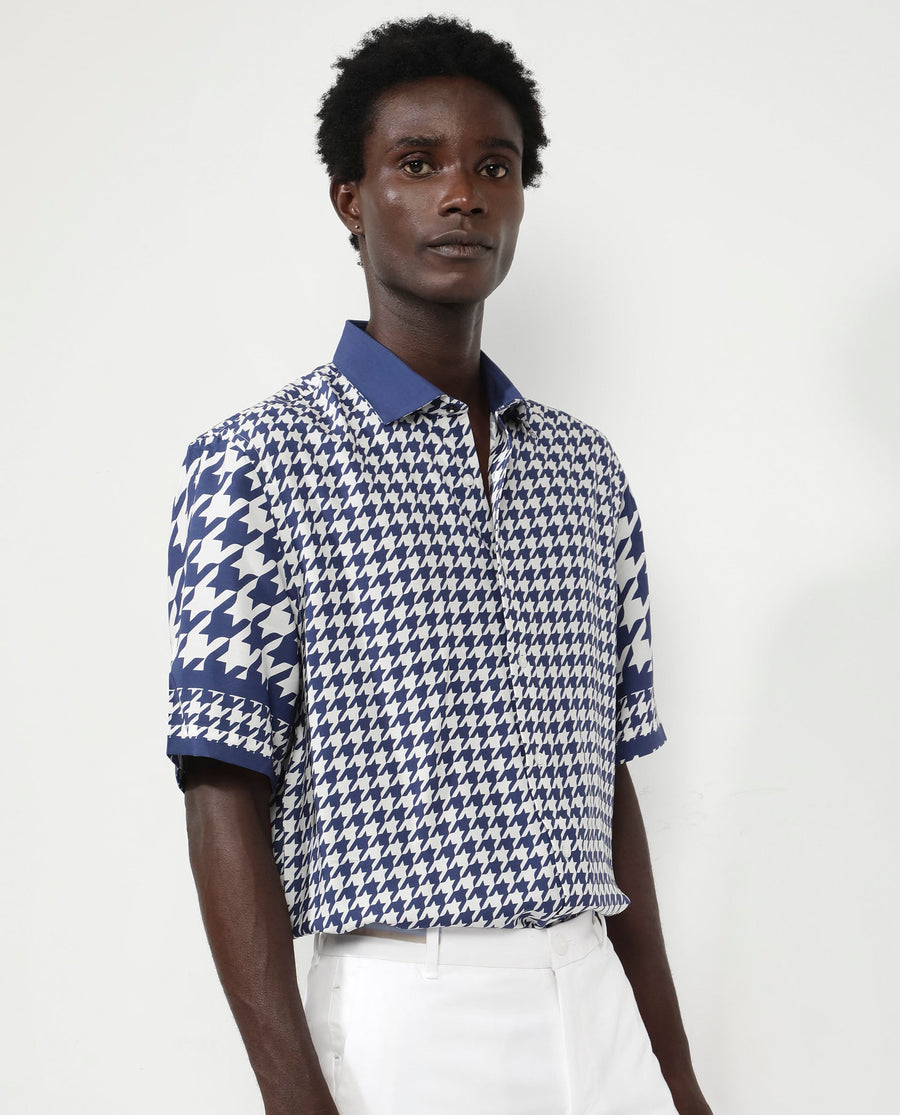 Rare Rabbit Men's Dejen Dark Blue Viscose Graphic Print Boxy Fit Half Sleeve Collared Shirt