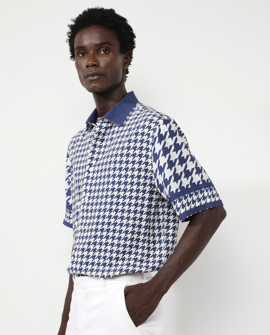 Rare Rabbit Men's Dejen Dark Blue Viscose Graphic Print Boxy Fit Half Sleeve Collared Shirt