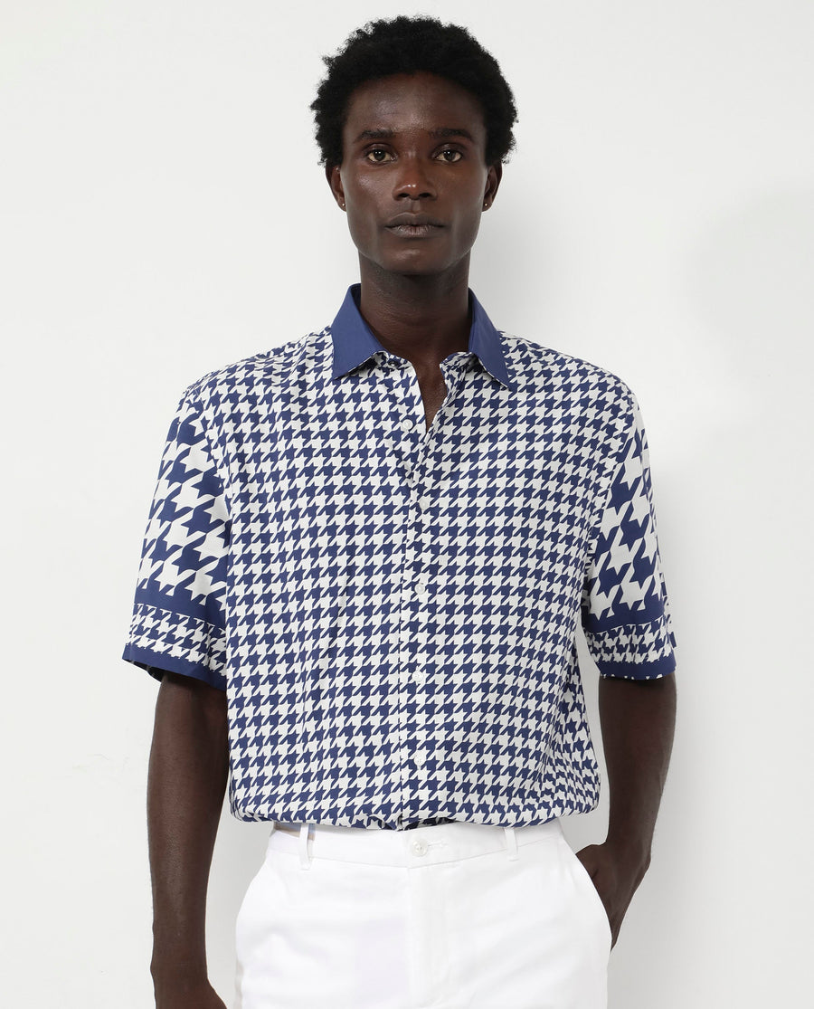 Rare Rabbit Men's Dejen Dark Blue Viscose Graphic Print Boxy Fit Half Sleeve Collared Shirt