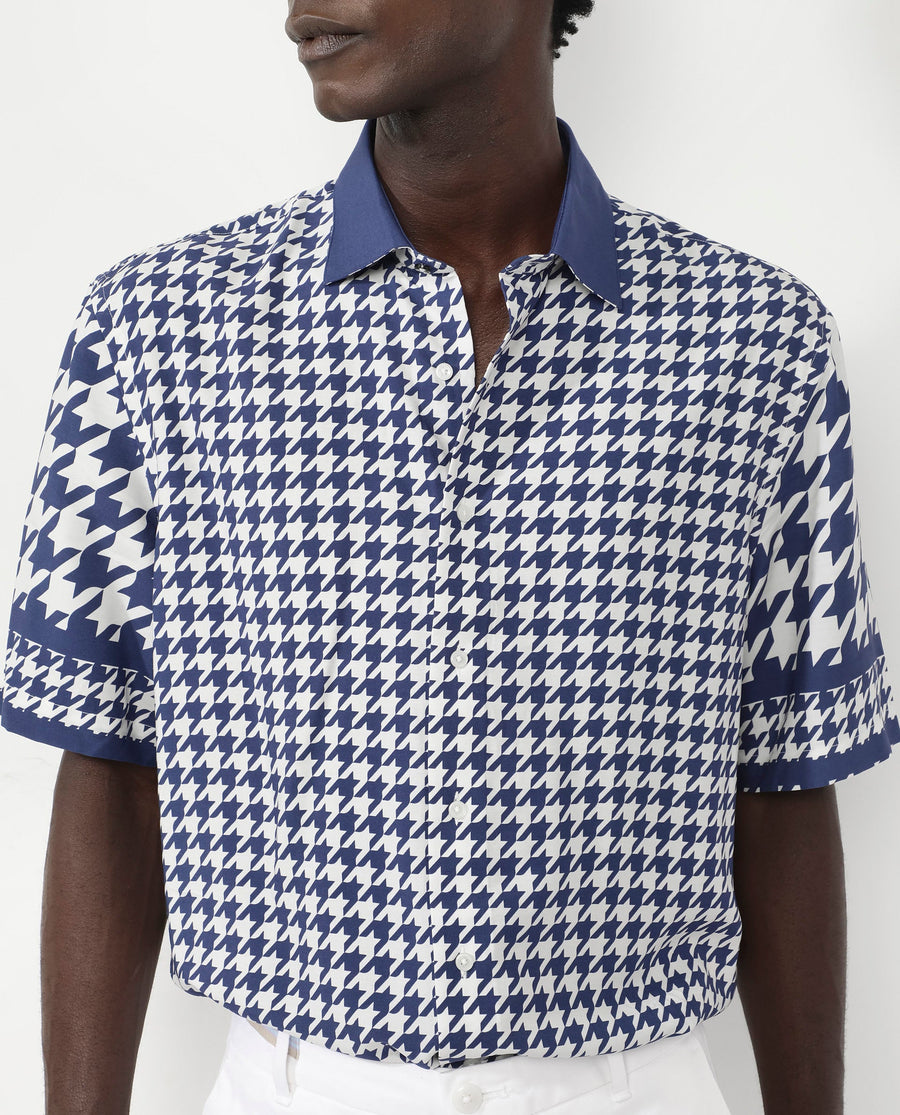 Rare Rabbit Men's Dejen Dark Blue Viscose Graphic Print Boxy Fit Half Sleeve Collared Shirt