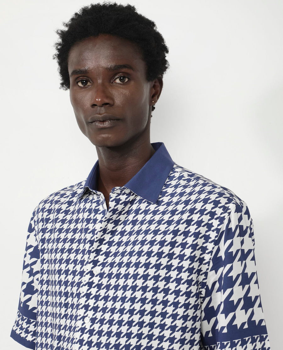 Rare Rabbit Men's Dejen Dark Blue Viscose Graphic Print Boxy Fit Half Sleeve Collared Shirt