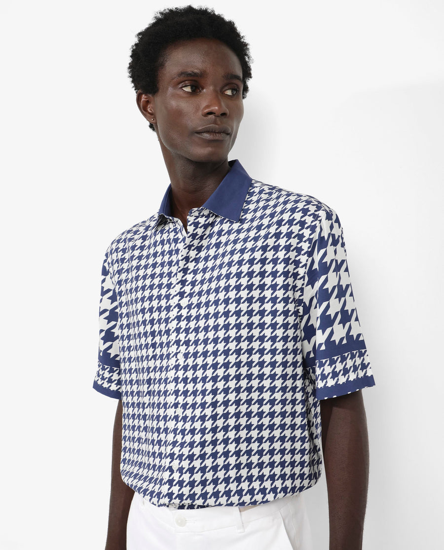 Rare Rabbit Men's Dejen Dark Blue Viscose Graphic Print Boxy Fit Half Sleeve Collared Shirt