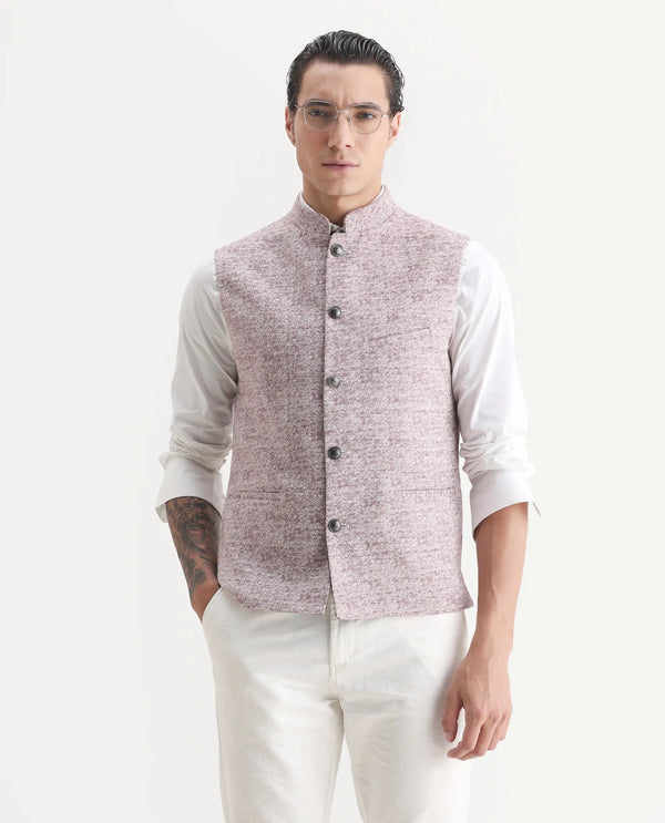 Rare Rabbit Men's Delia Light Pink Linen Jacquard Tailored Fit Sleeveless Mandarin Collar Bandhgala Rare Rabbit Men's Lasmos-B1 Beige Viscose Embroidered Regular Fit Sleeveless Mandarin Collar Bandhgala Nehru Jacket