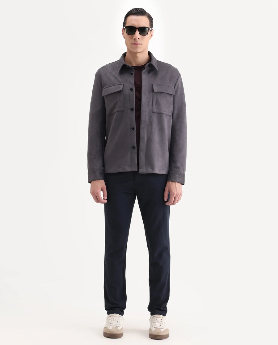 Rare Rabbit Men's Delk-25 Grey Polyester Blend Fabric Collared Neck Relaxed Plain Jacket