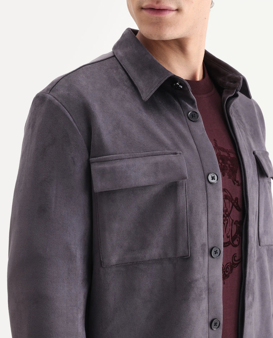 Rare Rabbit Men's Delk-25 Grey Polyester Blend Fabric Collared Neck Relaxed Plain Jacket
