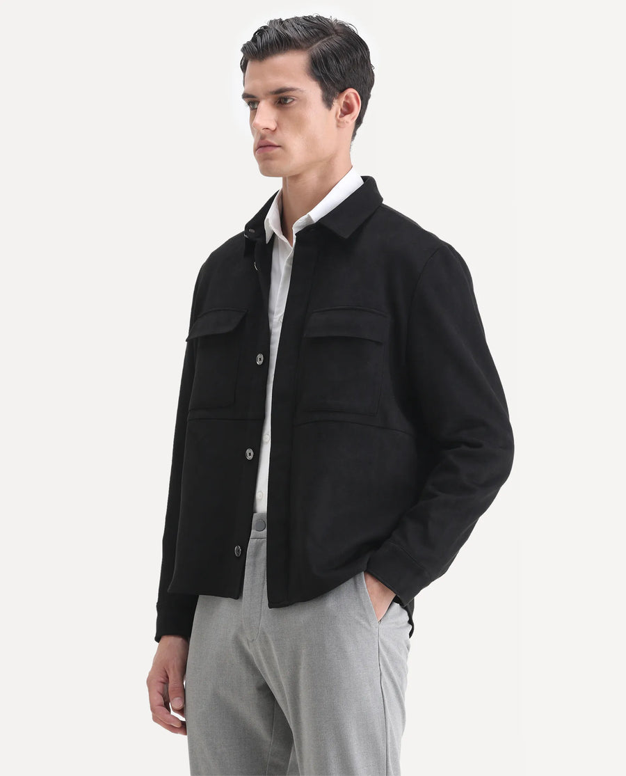 Rare Rabbit Men's Delk-2 Black Polyester Plain Regular Fit Full Sleeve Spread Collar Jacket