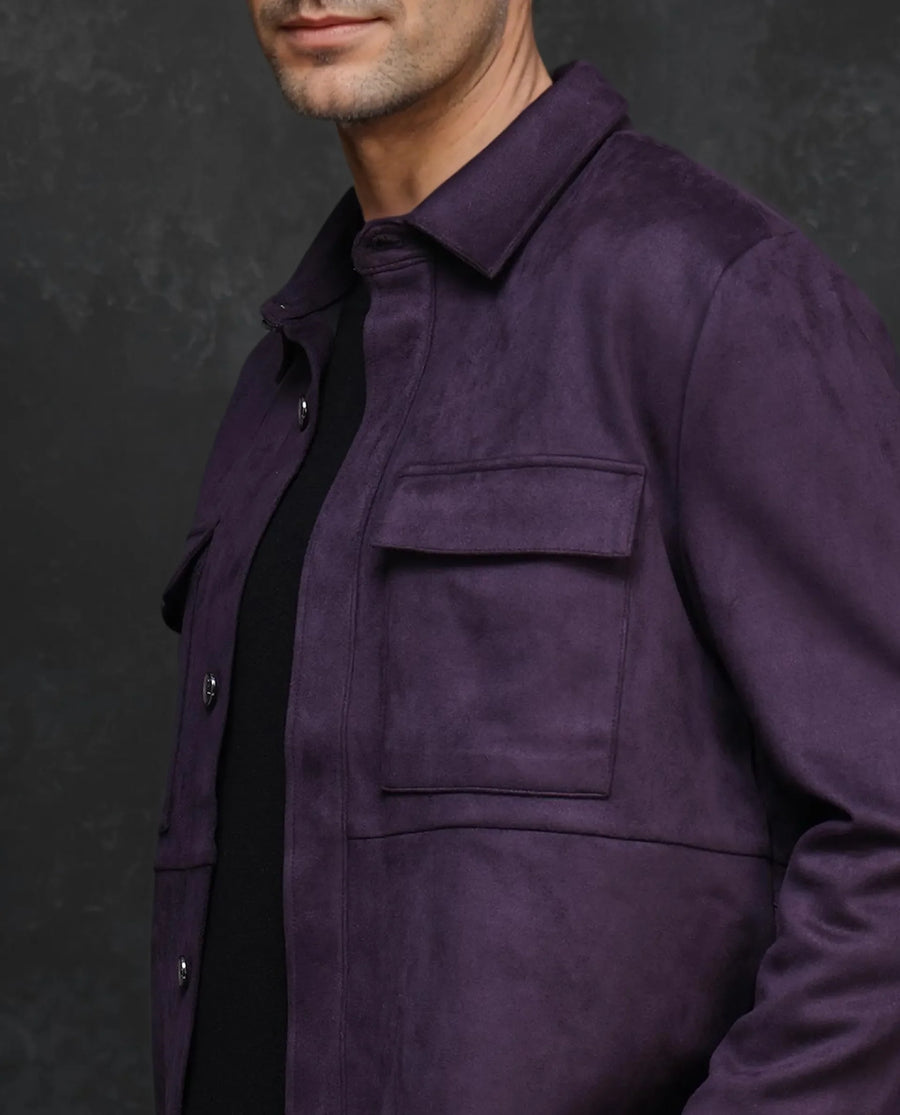 Rare Rabbit Men's Delk-2 Dark Purple Polyester Plain Regular Fit Full Sleeve Spread Collar Jacket