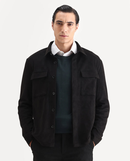 Rare Rabbit Men's Delk-25 Black Polyester Blend Fabric Collared Neck Relaxed Plain Jacket