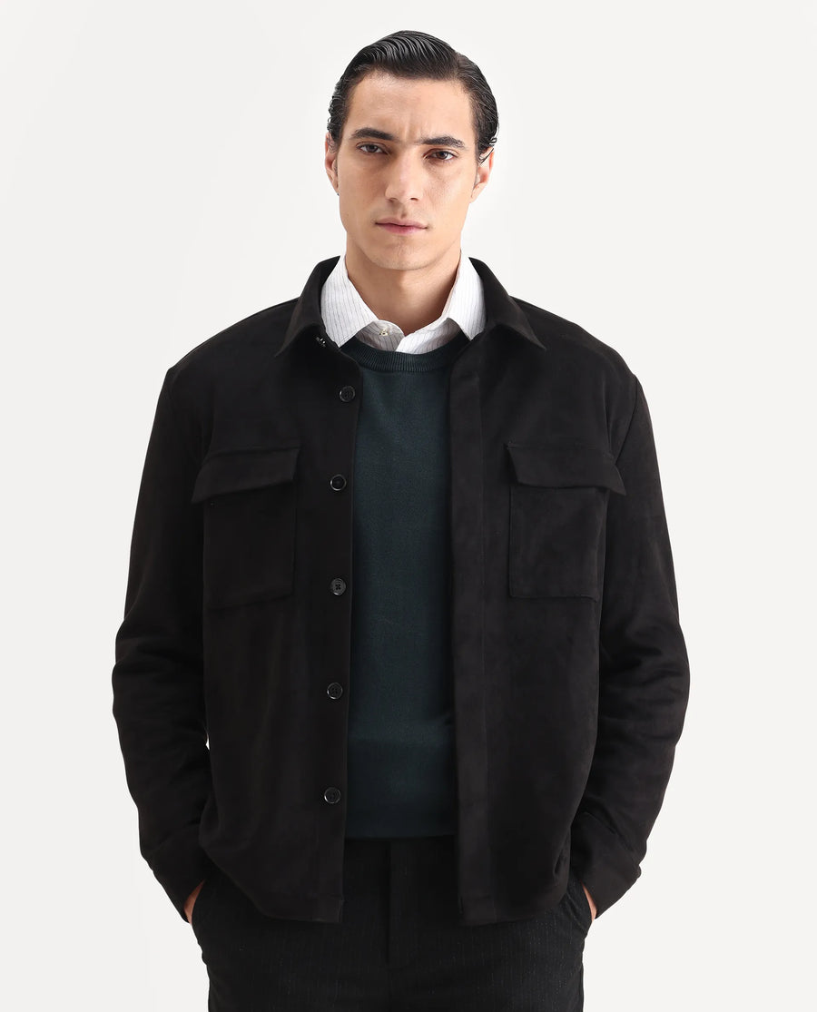 Rare Rabbit Men's Delk-25 Black Polyester Blend Fabric Collared Neck Relaxed Plain Jacket