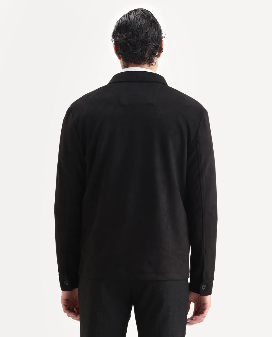 Rare Rabbit Men's Delk-25 Black Polyester Blend Fabric Collared Neck Relaxed Plain Jacket