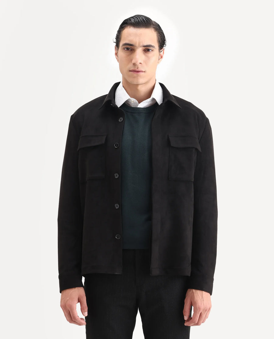 Rare Rabbit Men's Delk-25 Black Polyester Blend Fabric Collared Neck Relaxed Plain Jacket