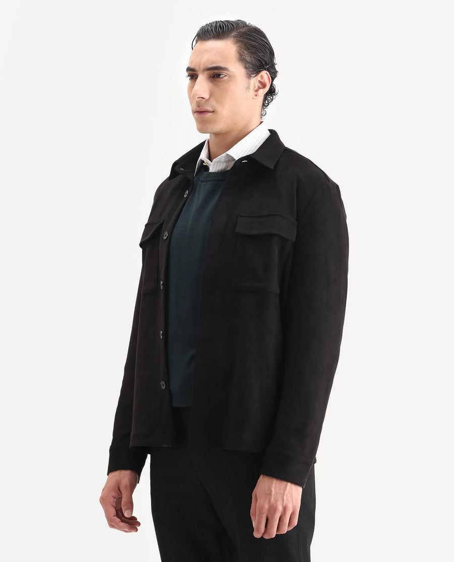 Rare Rabbit Men's Delk-25 Black Polyester Blend Fabric Collared Neck Relaxed Plain Jacket