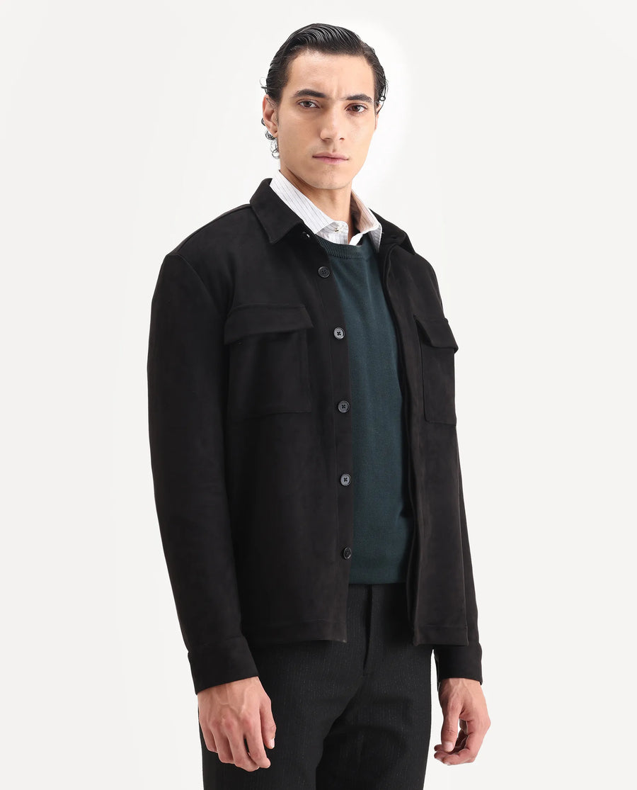 Rare Rabbit Men's Delk-25 Black Polyester Blend Fabric Collared Neck Relaxed Plain Jacket