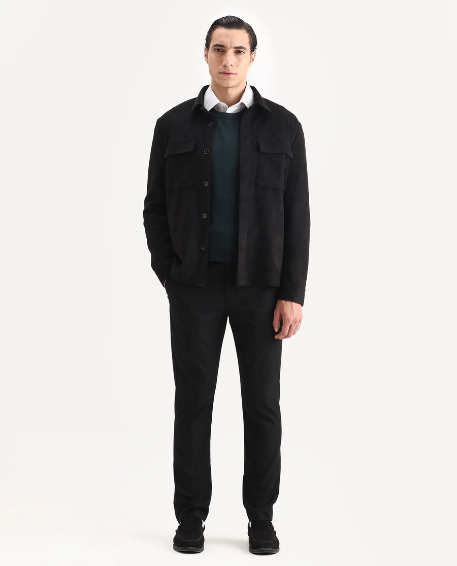 Rare Rabbit Men's Delk-25 Black Polyester Blend Fabric Collared Neck Relaxed Plain Jacket