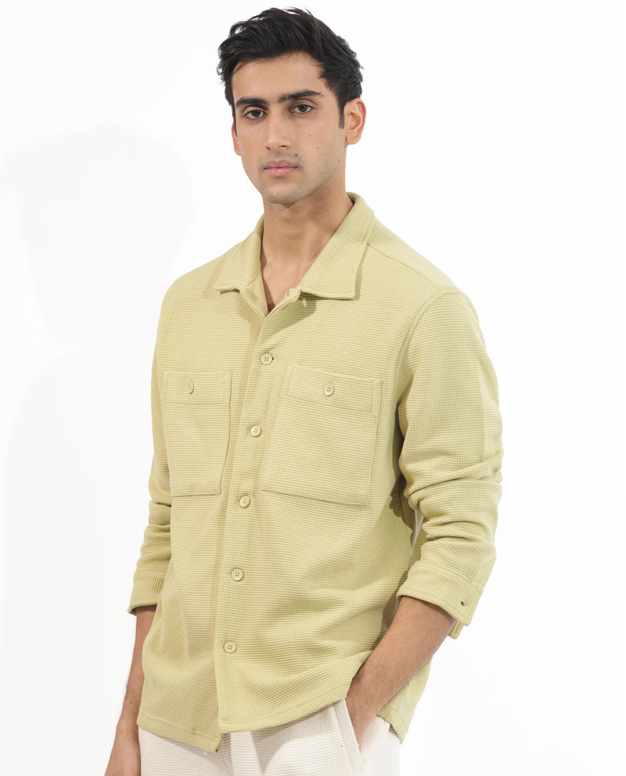 Rare Rabbit Men's Elric Pastel Green Cotton Textured Regular Fit Full Sleeve Spread Collar Jacket