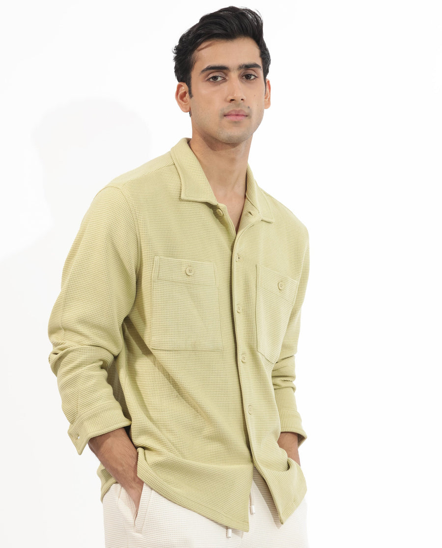 Rare Rabbit Men's Elric Pastel Green Cotton Textured Regular Fit Full Sleeve Spread Collar Jacket