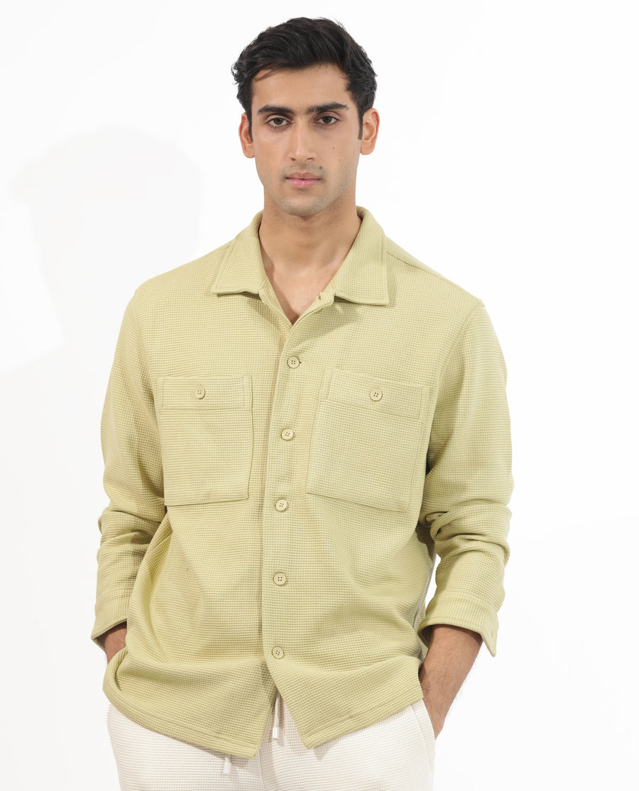 Rare Rabbit Men's Elric Pastel Green Cotton Textured Regular Fit Full Sleeve Spread Collar Jacket