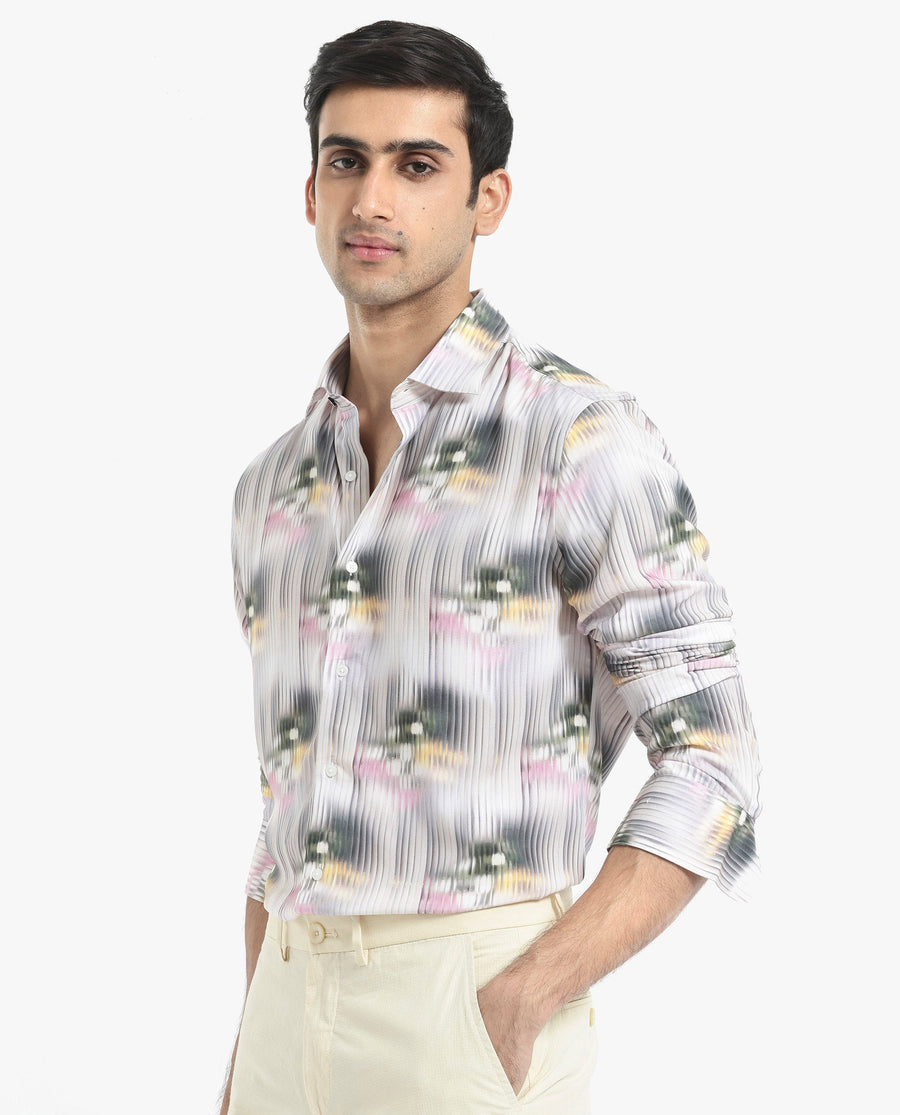 Rare Rabbit Men's Delune Dark Grey Viscose Abstract Print Regular Fit Full Sleeve Collared Shirt