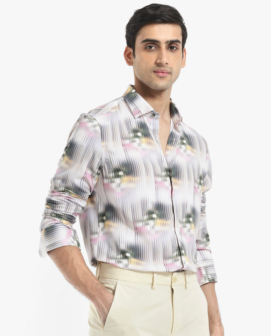 Rare Rabbit Men's Delune Dark Grey Viscose Abstract Print Regular Fit Full Sleeve Collared Shirt