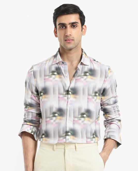 Rare Rabbit Men's Delune Dark Grey Viscose Abstract Print Regular Fit Full Sleeve Collared Shirt
