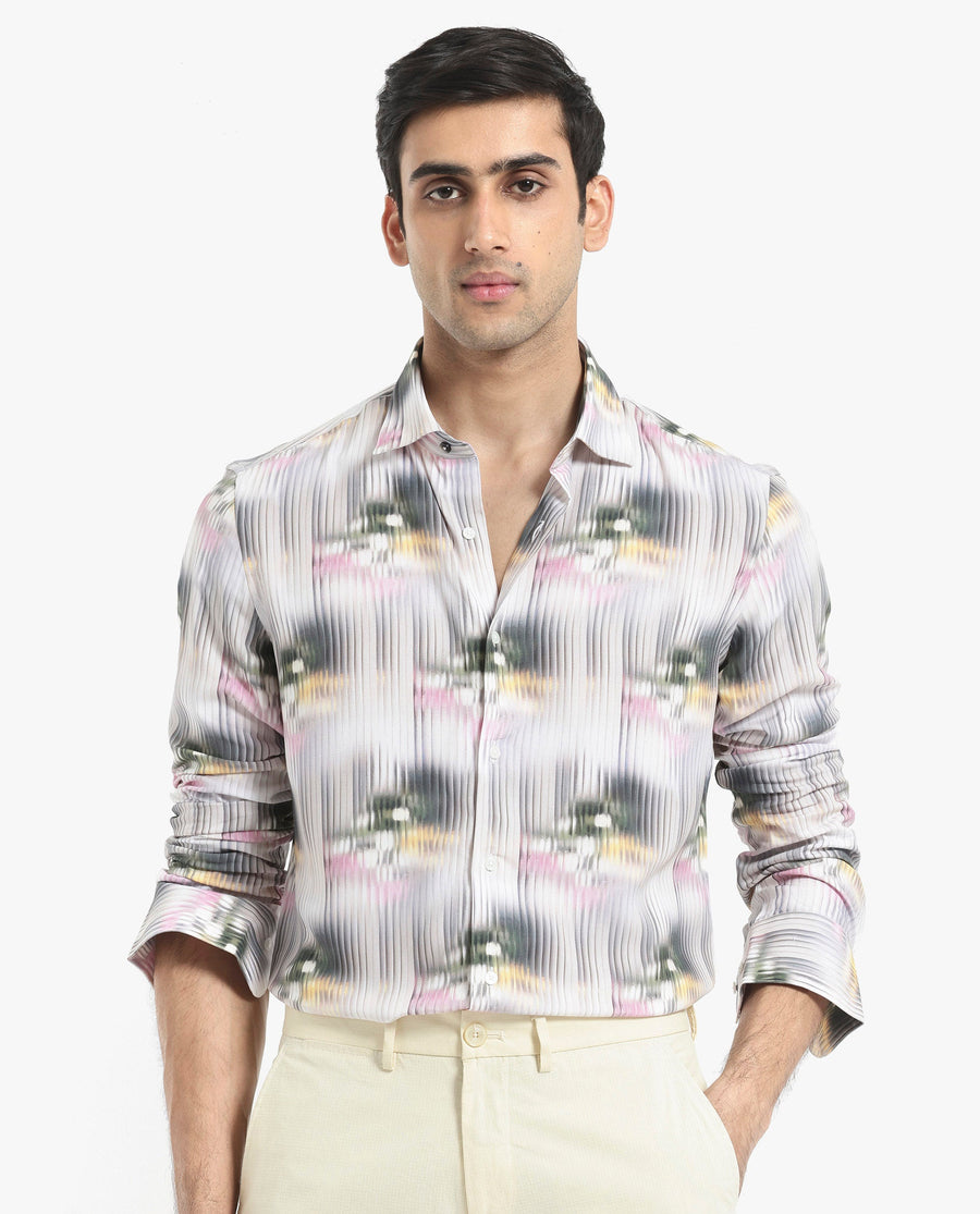 Rare Rabbit Men's Delune Dark Grey Viscose Abstract Print Regular Fit Full Sleeve Collared Shirt