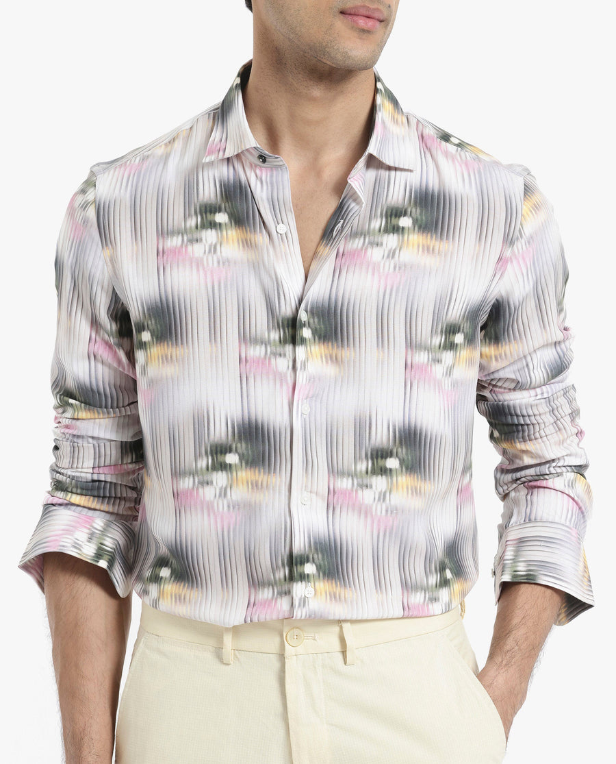 Rare Rabbit Men's Delune Dark Grey Viscose Abstract Print Regular Fit Full Sleeve Collared Shirt