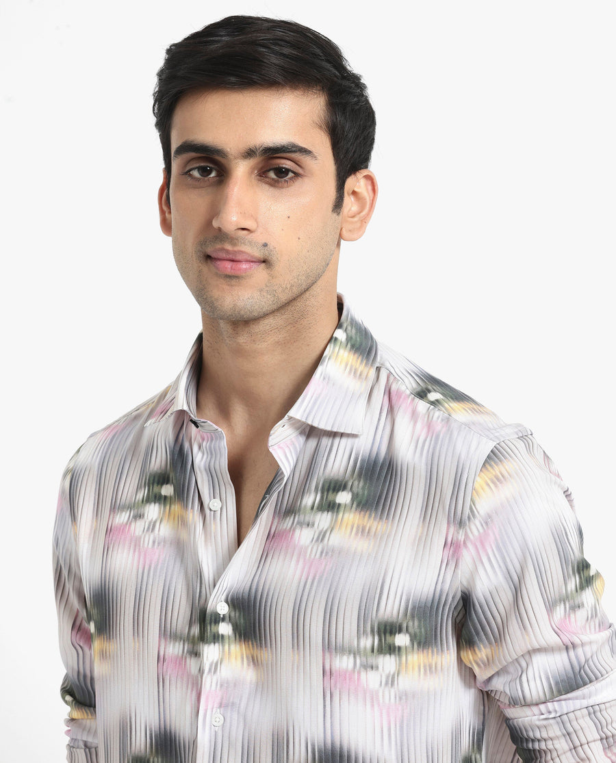 Rare Rabbit Men's Delune Dark Grey Viscose Abstract Print Regular Fit Full Sleeve Collared Shirt