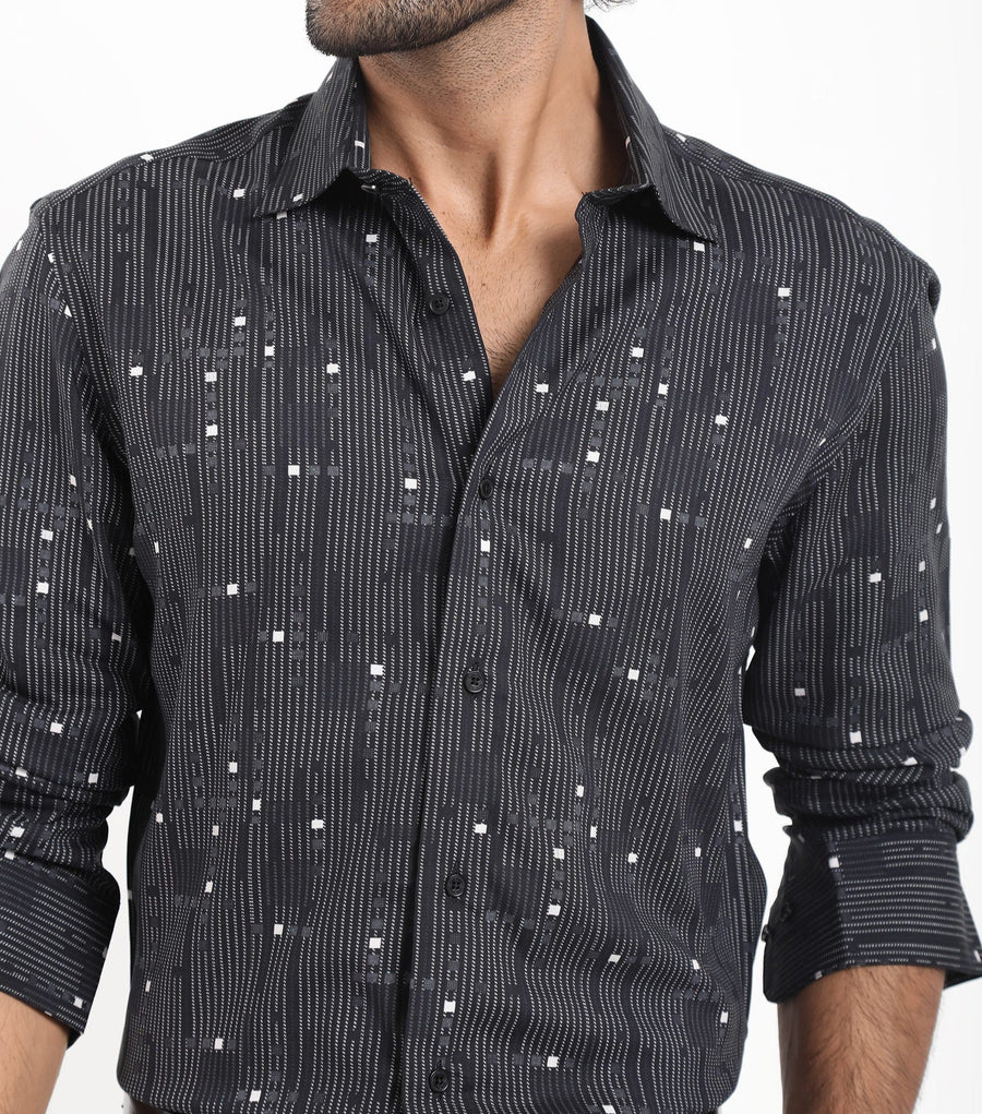Rare Rabbit Men's Deneb Dark Blue Viscose Geometric Print Regular Fit Full Sleeve Collared Shirt