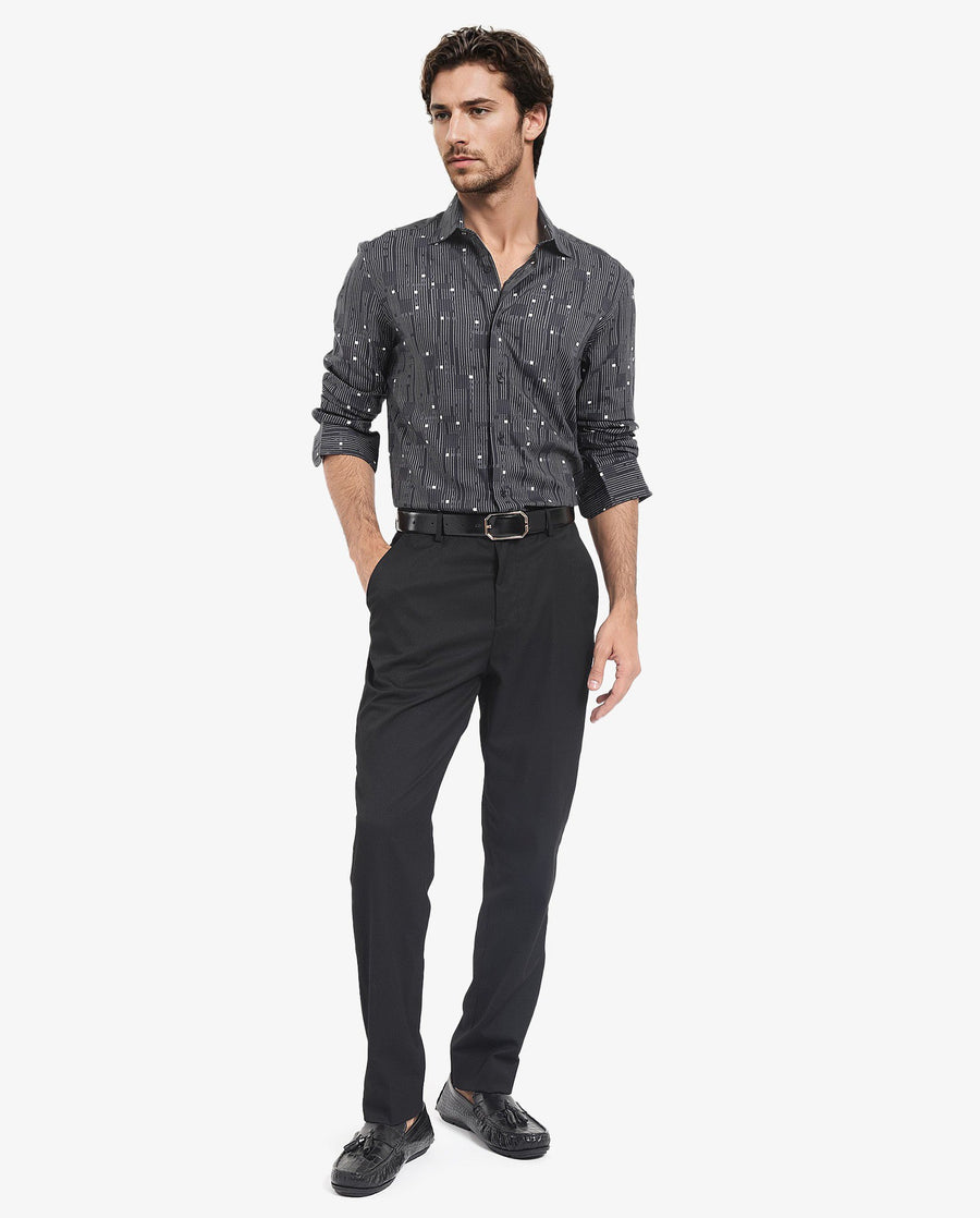 Rare Rabbit Men's Deneb Dark Blue Viscose Geometric Print Regular Fit Full Sleeve Collared Shirt