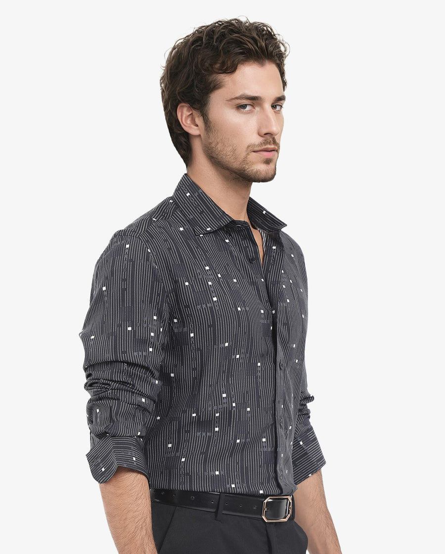 Rare Rabbit Men's Deneb Dark Blue Viscose Geometric Print Regular Fit Full Sleeve Collared Shirt