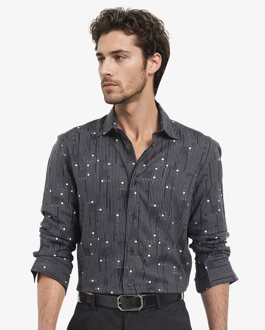 Rare Rabbit Men's Deneb Dark Blue Viscose Geometric Print Regular Fit Full Sleeve Collared Shirt