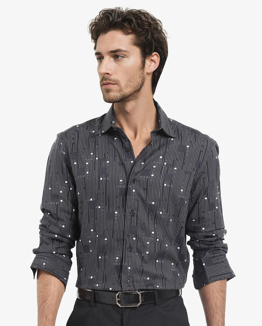 Rare Rabbit Men's Deneb Dark Blue Viscose Geometric Print Regular Fit Full Sleeve Collared Shirt