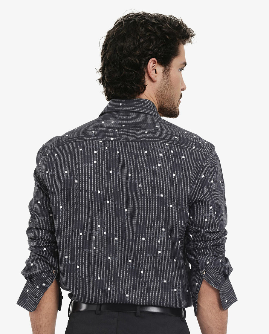 Rare Rabbit Men's Deneb Dark Blue Viscose Geometric Print Regular Fit Full Sleeve Collared Shirt