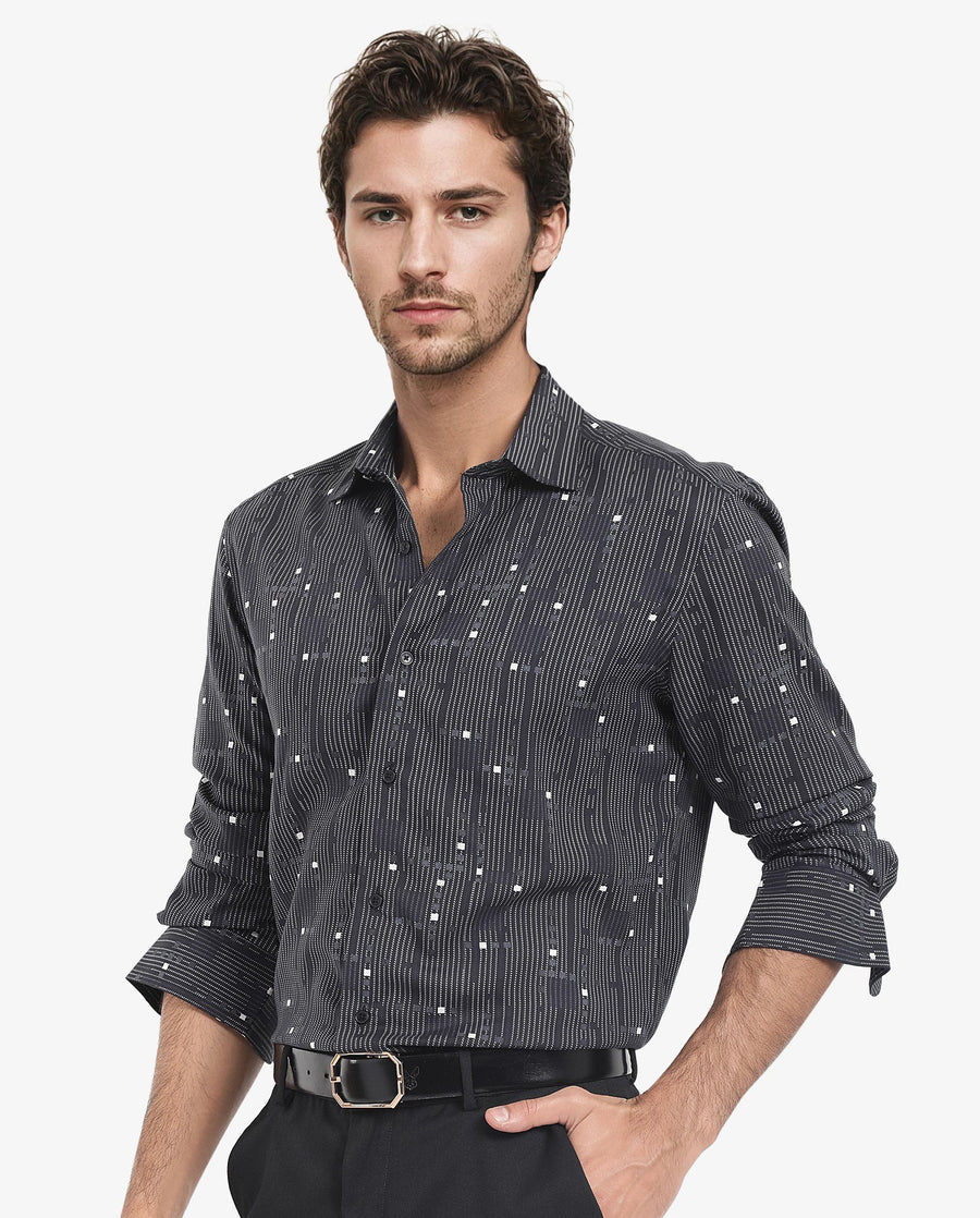 Rare Rabbit Men's Deneb Dark Blue Viscose Geometric Print Regular Fit Full Sleeve Collared Shirt
