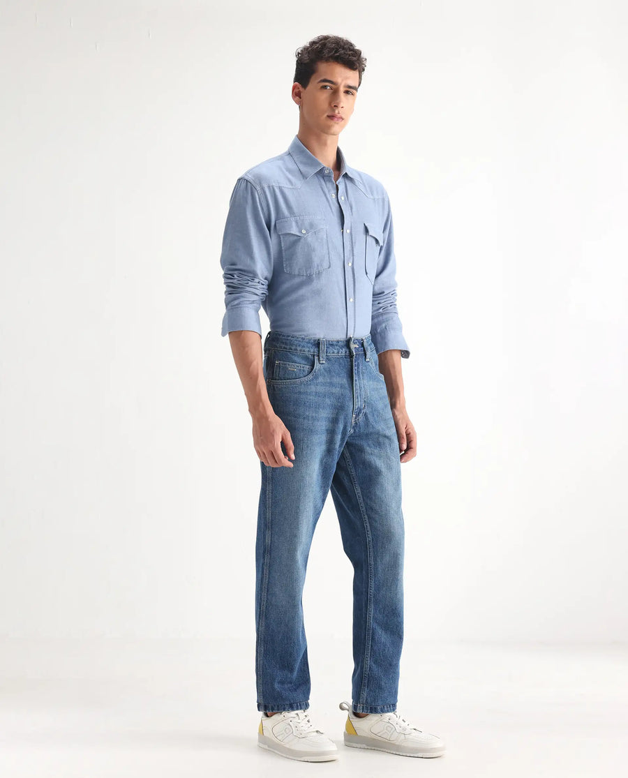 Rare Rabbit Men's Denis Blue Cotton Plain Morris Regular Fit Jeans