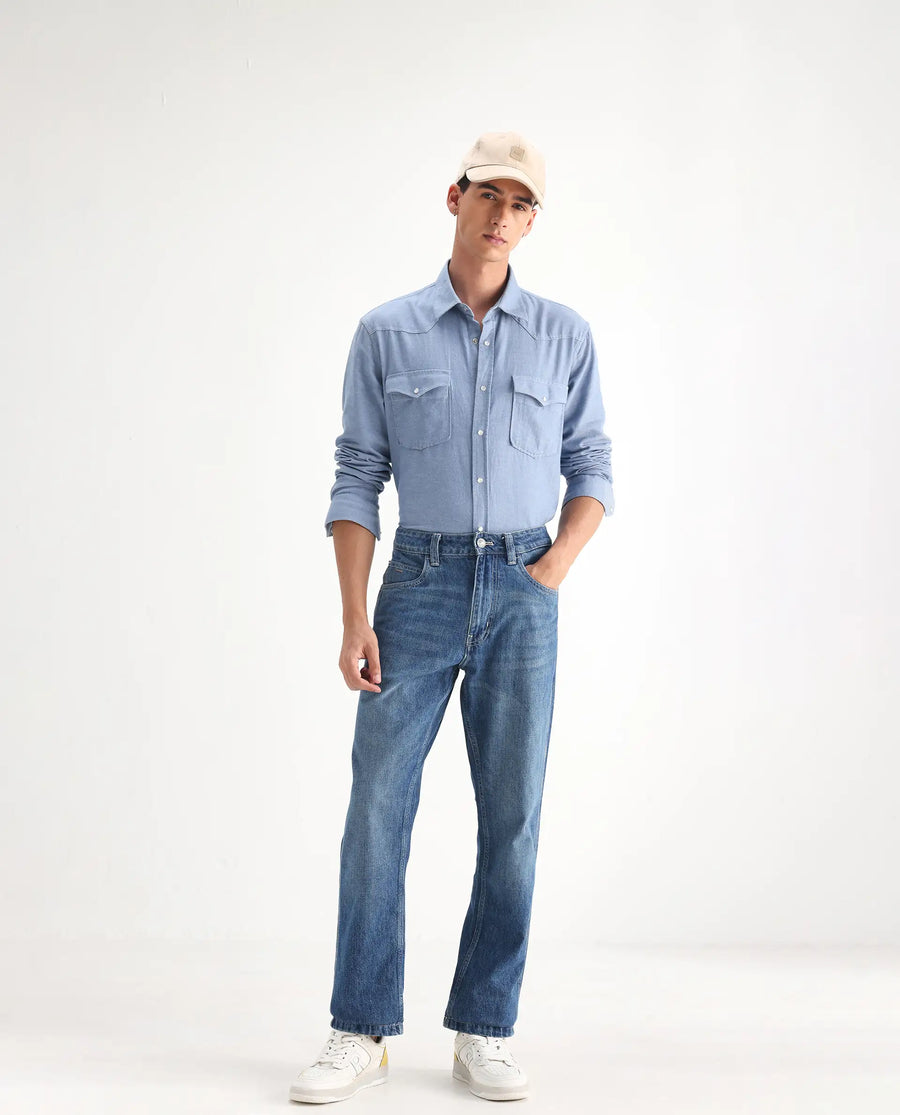 Rare Rabbit Men's Denis Blue Cotton Plain Morris Regular Fit Jeans