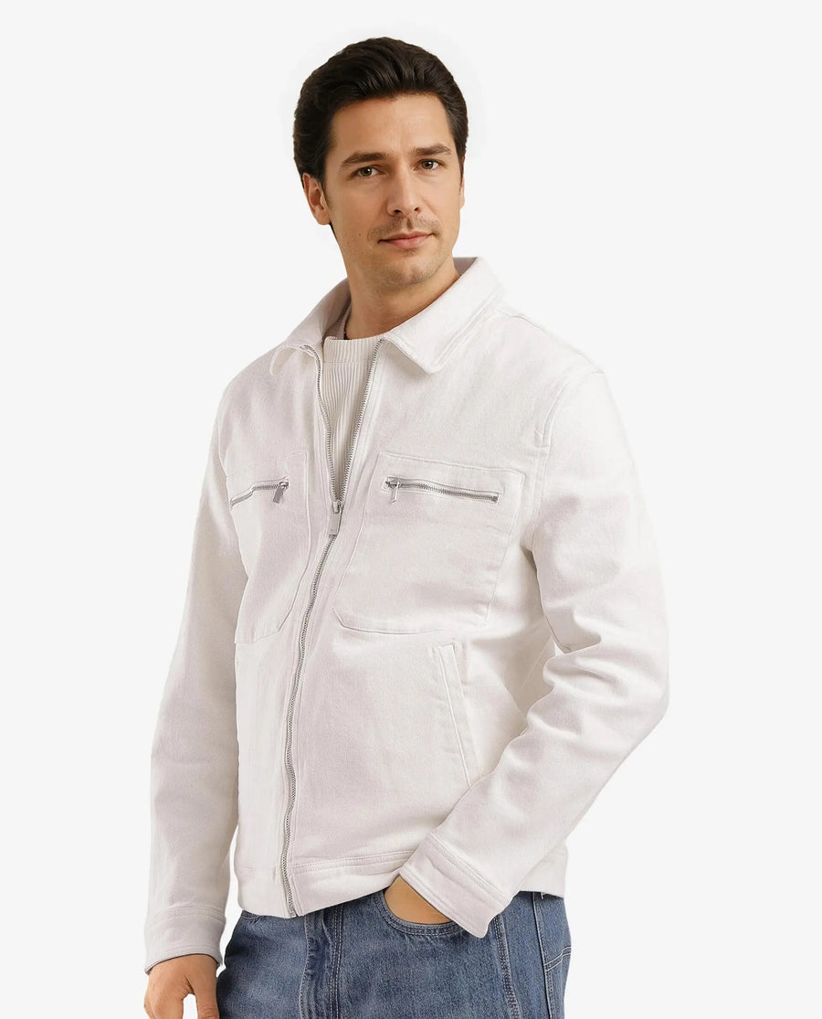 Rare Rabbit Men's Denner Off White Cotton Plain Relaxed Fit Full Sleeve Spread Collar Jacket