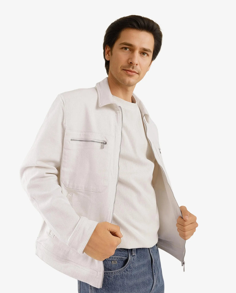 Rare Rabbit Men's Denner Off White Cotton Plain Relaxed Fit Full Sleeve Spread Collar Jacket