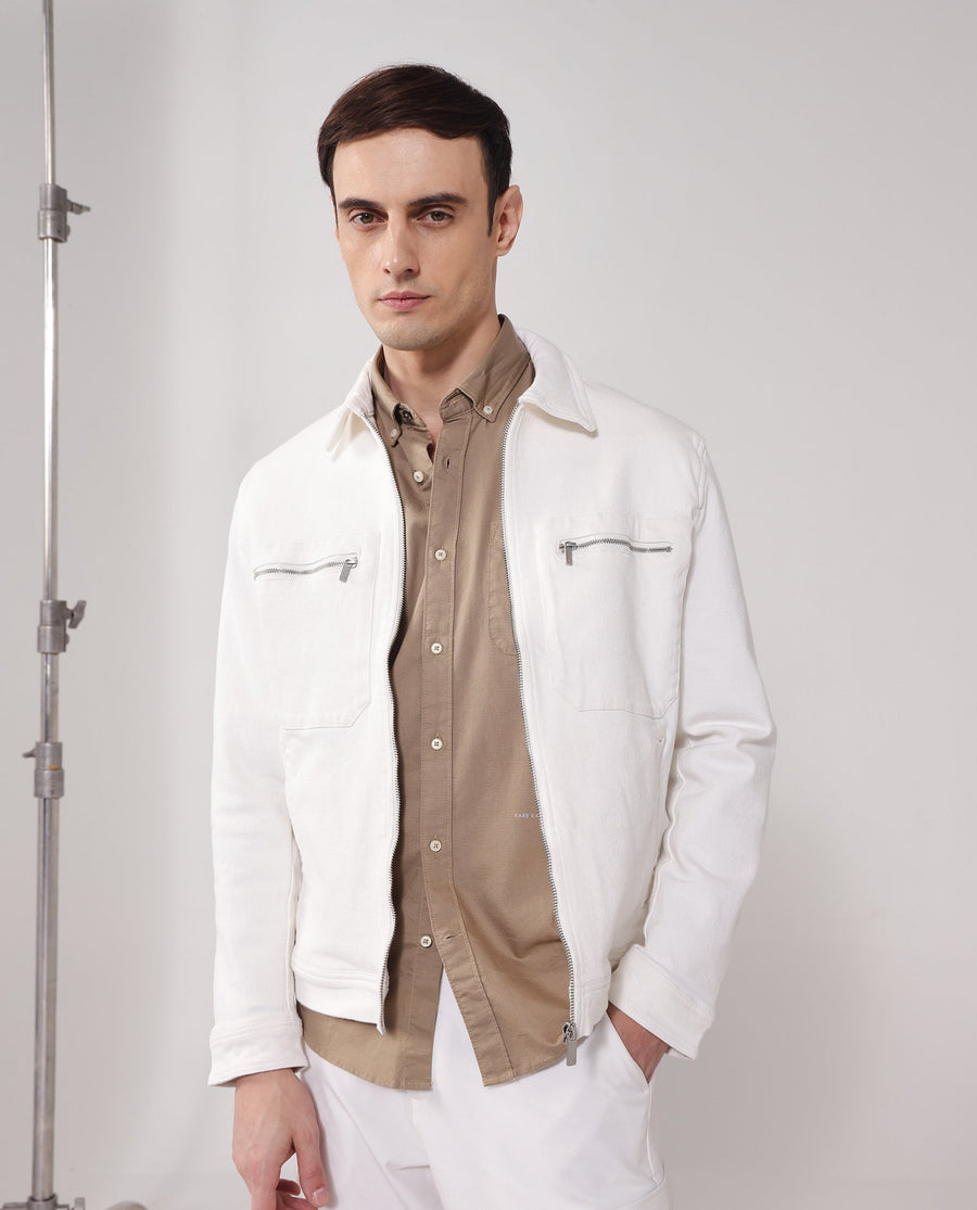 Rare Rabbit Men's Denner Off White Cotton Plain Relaxed Fit Full Sleeve Spread Collar Jacket